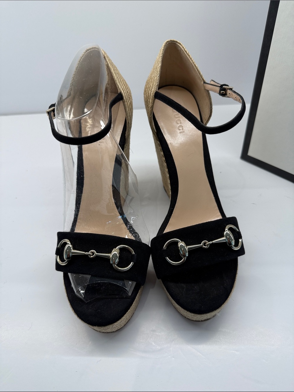 Gucci Black Suede Espadrille Wedge Sandals with Gold Horsebit - Picture 2 of 4